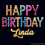 Vibrant luxury birthday greeting card for Linda, showing glittering gemstone letters and golden calligraphy on a dark background with twinkling shine effects.