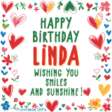 A colorful animated card for Linda’s birthday featuring playful hearts, cheerful flowers, and a handwritten message wishing smiles and sunshine.