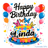 An animated birthday card for Linda. It features a festive cake with her name, 'Linda', and colorful butterflies. Floating balloons and hearts complete the joyful scene.