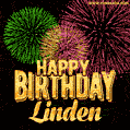 Wishing You A Happy Birthday, Linden! Best fireworks GIF animated greeting card.