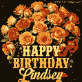 Beautiful bouquet of orange and red roses for Lindsey, golden inscription and twinkling stars