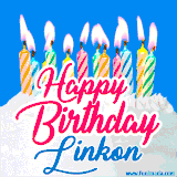 A cheerful animated GIF featuring colorful lit birthday candles on a white cake, with the text 'Happy Birthday Linkon' in bold red and blue script on a bright blue background.
