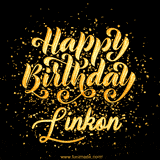Animated GIF with colorful, festive 'Happy Birthday Linkon' text decorated with patterns, a party hat, and falling confetti. A vibrant and cheerful design for birthday celebrations.