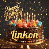 An animated birthday card for Linkon with flickering candles on a chocolate glaze cake.