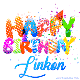 Animated GIF with colorful, festive 'Happy Birthday Linkon' text decorated with patterns, a party hat, and falling confetti. A vibrant and cheerful design for birthday celebrations.