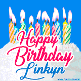 A cheerful animated GIF featuring colorful lit birthday candles on a white cake, with the text 'Happy Birthday Linkyn' in bold red and blue script on a bright blue background.