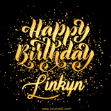 Animated GIF with colorful, festive 'Happy Birthday Linkyn' text decorated with patterns, a party hat, and falling confetti. A vibrant and cheerful design for birthday celebrations.