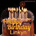 A rich chocolate cake topped with glowing birthday candles and surrounded by bright fireworks. The animated GIF displays the message 'Happy Birthday Linkyn' in golden text.