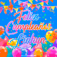 A vibrant animated GIF with 'Feliz Cumpleaños Linkyn' written in colorful script, surrounded by balloons, confetti, and bunting on a bright blue background.