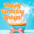 A cheerful animated GIF of a cupcake with creamy frosting, a red checkered ribbon, and a bright sparkler on top. The text 'Happy Birthday Linkyn!' is displayed in vibrant orange and red.