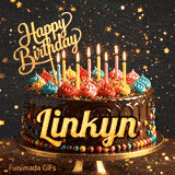Gold lettering spelling the name Linkyn on a festive chocolate cake with colorful sprinkles around the base.