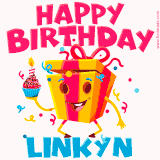 A funny animated birthday GIF with the words 'Happy Birthday Linkyna', colorful gift box with arms and legs, holding a cupcake with a lit candle  with confetti everywhere.