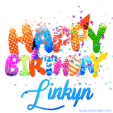 Animated GIF with colorful, festive 'Happy Birthday Linkyn' text decorated with patterns, a party hat, and falling confetti. A vibrant and cheerful design for birthday celebrations.