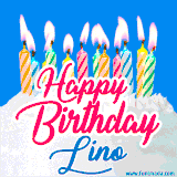 A cheerful animated GIF featuring colorful lit birthday candles on a white cake, with the text 'Happy Birthday Lino' in bold red and blue script on a bright blue background.
