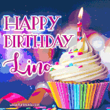 A festive animated GIF featuring a colorful cupcake with a single lit candle, sprinkles, and 'Happy Birthday Lino' text against a sparkling, celebratory background.