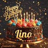 Shimmering birthday animation for Lino featuring a detailed chocolate drip cake and golden star particles.