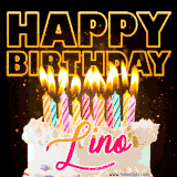 A vibrant animated GIF featuring a delicious birthday cake topped with glowing candles and the name 'Lino' in elegant script, and the words 'Happy Birthday' on the black background.