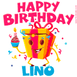 A funny animated birthday GIF with the words 'Happy Birthday Linoa', colorful gift box with arms and legs, holding a cupcake with a lit candle  with confetti everywhere.