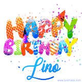 Animated GIF with colorful, festive 'Happy Birthday Lino' text decorated with patterns, a party hat, and falling confetti. A vibrant and cheerful design for birthday celebrations.