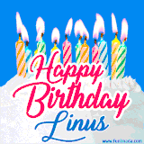 A cheerful animated GIF featuring colorful lit birthday candles on a white cake, with the text 'Happy Birthday Linus' in bold red and blue script on a bright blue background.