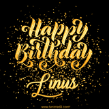 Animated GIF with colorful, festive 'Happy Birthday Linus' text decorated with patterns, a party hat, and falling confetti. A vibrant and cheerful design for birthday celebrations.