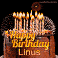 A rich chocolate cake topped with glowing birthday candles and surrounded by bright fireworks. The animated GIF displays the message 'Happy Birthday Linus' in golden text.