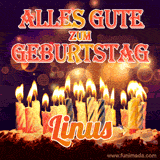 An animated GIF featuring 'Alles Gute Zum Geburtstag Linus' in glowing red and gold letters above a cake with colorful lit candles, set against a festive sparkling background.