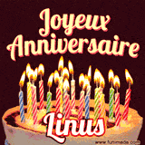 A Happy Birthday GIF in French featuring a festive birthday cake adorned with bright candles and the glowing text 'Joyeux Anniversaire Linus' in a cheerful style.