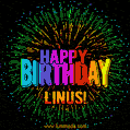 A colorful animated GIF featuring the text 'Happy Birthday Linus!' in rainbow colors with a dynamic iridescent firework display in the background.