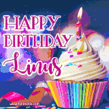 A festive animated GIF featuring a colorful cupcake with a single lit candle, sprinkles, and 'Happy Birthday Linus' text against a sparkling, celebratory background.