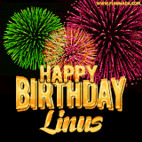 A captivating GIF with bursts of green, pink, and orange fireworks lighting up the night sky, accompanied by 'Happy Birthday Linus' in glowing golden text.