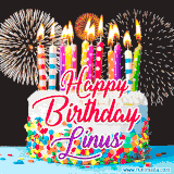 A lively happy birthday animated GIF showcasing a colorful birthday cake covered in sprinkles, topped with glowing candles, and surrounded by vibrant fireworks. The name 'Linus' is featured in elegant script.