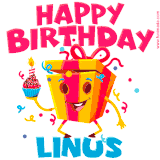 A funny animated birthday GIF with the words 'Happy Birthday Linusa', colorful gift box with arms and legs, holding a cupcake with a lit candle  with confetti everywhere.