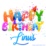 Animated GIF with colorful, festive 'Happy Birthday Linus' text decorated with patterns, a party hat, and falling confetti. A vibrant and cheerful design for birthday celebrations.