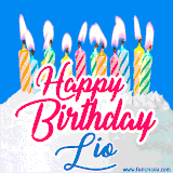 A cheerful animated GIF featuring colorful lit birthday candles on a white cake, with the text 'Happy Birthday Lio' in bold red and blue script on a bright blue background.