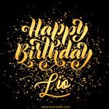 Animated GIF with colorful, festive 'Happy Birthday Lio' text decorated with patterns, a party hat, and falling confetti. A vibrant and cheerful design for birthday celebrations.