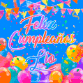 A vibrant animated GIF with 'Feliz Cumpleaños Lio' written in colorful script, surrounded by balloons, confetti, and bunting on a bright blue background.