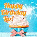 A cheerful animated GIF of a cupcake with creamy frosting, a red checkered ribbon, and a bright sparkler on top. The text 'Happy Birthday Lio!' is displayed in vibrant orange and red.