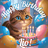 A playful tabby cat sits behind a colorful birthday cake surrounded by balloons and confetti, with 'Happy Birthday Lio!' written above in festive letters.