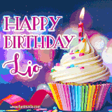 A festive animated GIF featuring a colorful cupcake with a single lit candle, sprinkles, and 'Happy Birthday Lio' text against a sparkling, celebratory background.