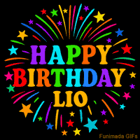 Vibrant animated GIF with 'Happy Birthday Lio' in rainbow-colored text, surrounded by colorful stars and fireworks on a black background.