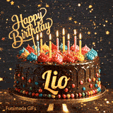 Happy Birthday Lio animated image displaying a classic chocolate cake on a pedestal surrounded by warm candle glow.