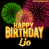 A captivating GIF with bursts of green, pink, and orange fireworks lighting up the night sky, accompanied by 'Happy Birthday Lio' in glowing golden text.