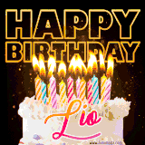 A vibrant animated GIF featuring a delicious birthday cake topped with glowing candles and the name 'Lio' in elegant script, and the words 'Happy Birthday' on the black background.