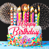 A lively happy birthday animated GIF showcasing a colorful birthday cake covered in sprinkles, topped with glowing candles, and surrounded by vibrant fireworks. The name 'Lio' is featured in elegant script.