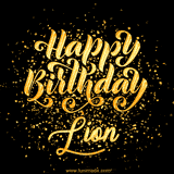 Animated GIF with colorful, festive 'Happy Birthday Lion' text decorated with patterns, a party hat, and falling confetti. A vibrant and cheerful design for birthday celebrations.