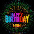 A colorful animated GIF featuring the text 'Happy Birthday Lion!' in rainbow colors with a dynamic iridescent firework display in the background.