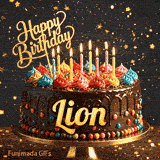 A decorated birthday cake with colorful candy decorations and burning candles on a golden stand, customized for Lion.