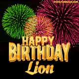 A captivating GIF with bursts of green, pink, and orange fireworks lighting up the night sky, accompanied by 'Happy Birthday Lion' in glowing golden text.