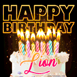 A vibrant animated GIF featuring a delicious birthday cake topped with glowing candles and the name 'Lion' in elegant script, and the words 'Happy Birthday' on the black background.